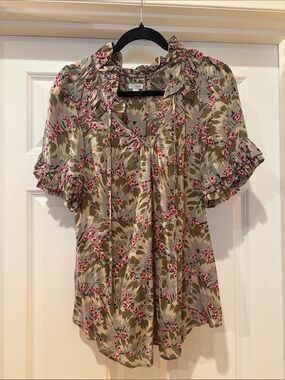 Odille Anthropologie Olive and Pink Floral Ruffle Tie-Neck Blouse